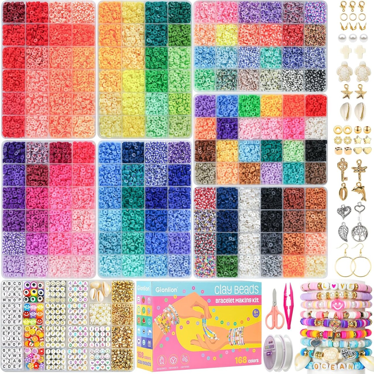 30,000-Piece Clay Beads Bracelet Making Kit – 168 Colors, 8 Boxes Flat Polymer Heishi Beads with Charms & Elastic String for Friendship Bracelets, DIY Jewelry Crafts, Gifts for Kids & Adults